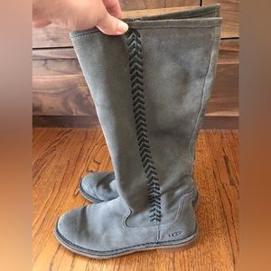 UGG gray suede boots with cute stitch detail on side and inner zipper.